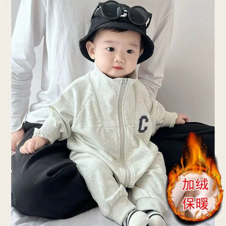 婴儿连体衣秋冬装帅气外出服男宝宝连体衣女新生儿衣服加绒哈衣