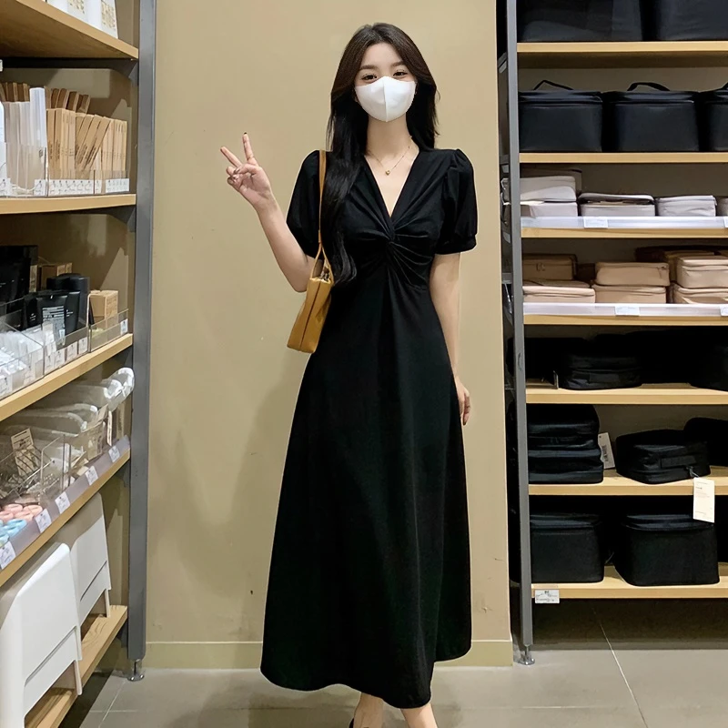 v领女装夏季新款韩版高级感气质裙子胖mm遮肚显瘦时尚连衣裙收腰