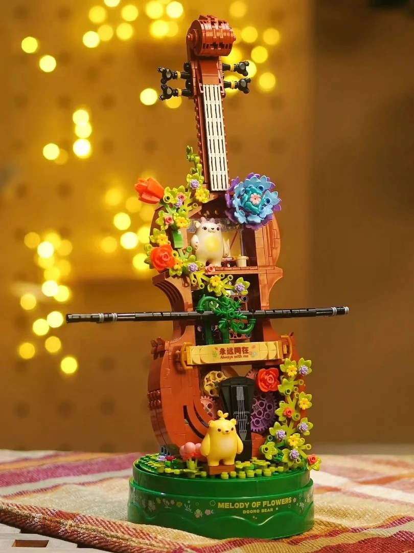 多肉小提琴音乐盒永生花束拼装积木植物园情侣女友闺蜜摆件玩具