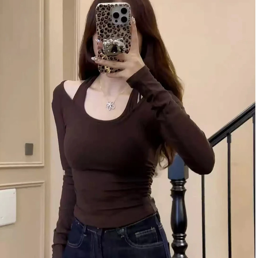 挂脖假两件长袖T恤衫女秋季辣妹新款修身纯欲风小众抽褶短款上衣