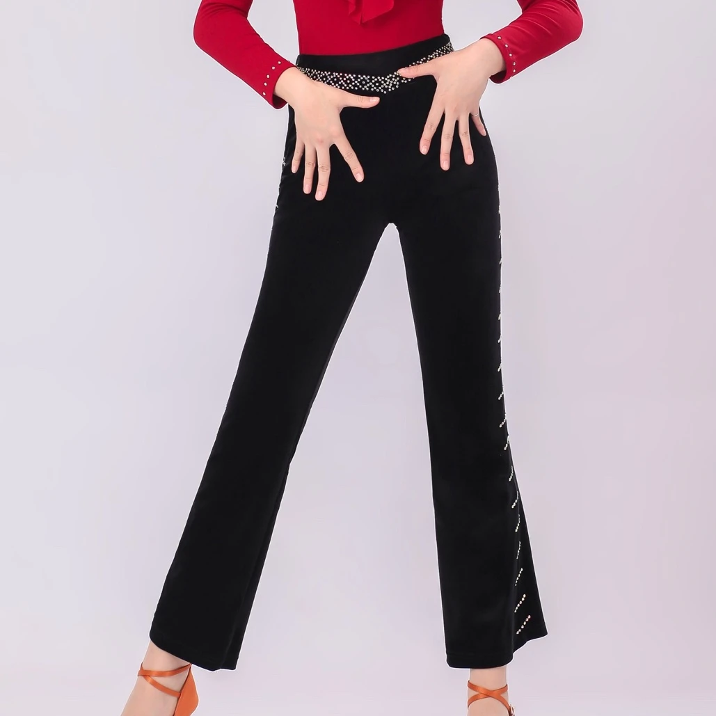 三步踩跳舞裤子高档丝绒 高腰时尚裤子烫钻设计微喇裤显瘦