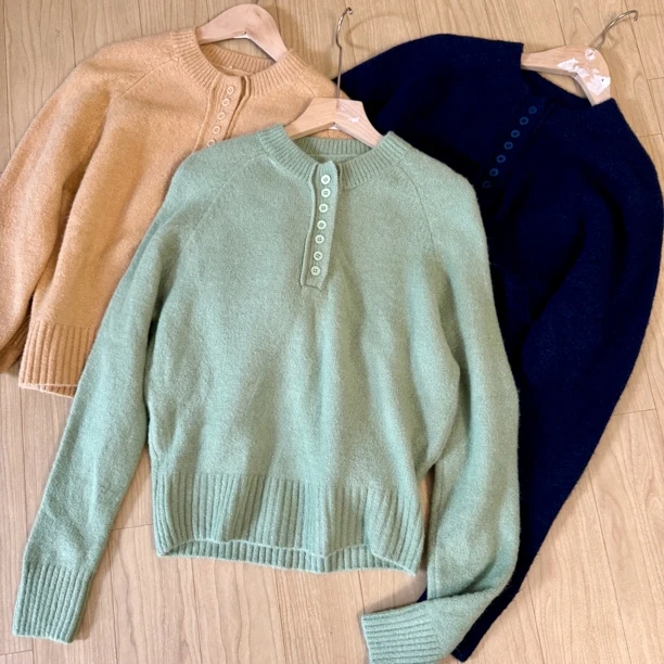 2024秋季新款韩版设计感小众宽松休闲百搭圆领半排扣毛衣女