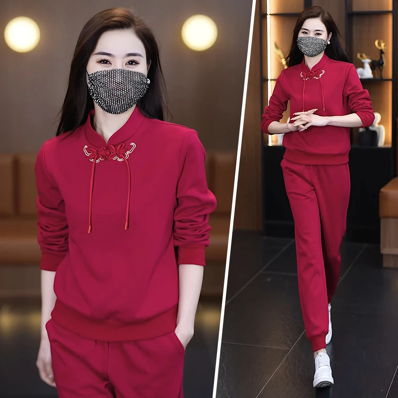 时尚洋气休闲运动套装女2024春秋季中国风盘扣显瘦长袖卫衣两件套