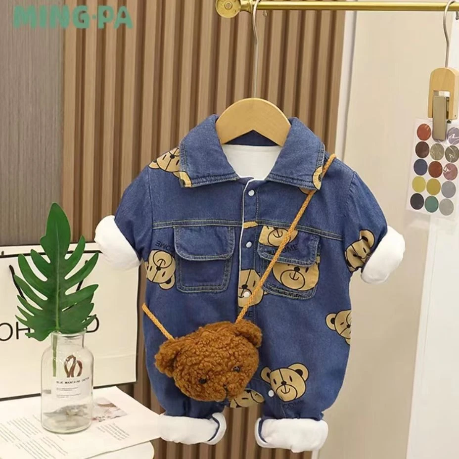 加绒牛仔秋冬款新生儿衣服婴儿夹棉连体衣薄棉哈衣男宝宝外出服
