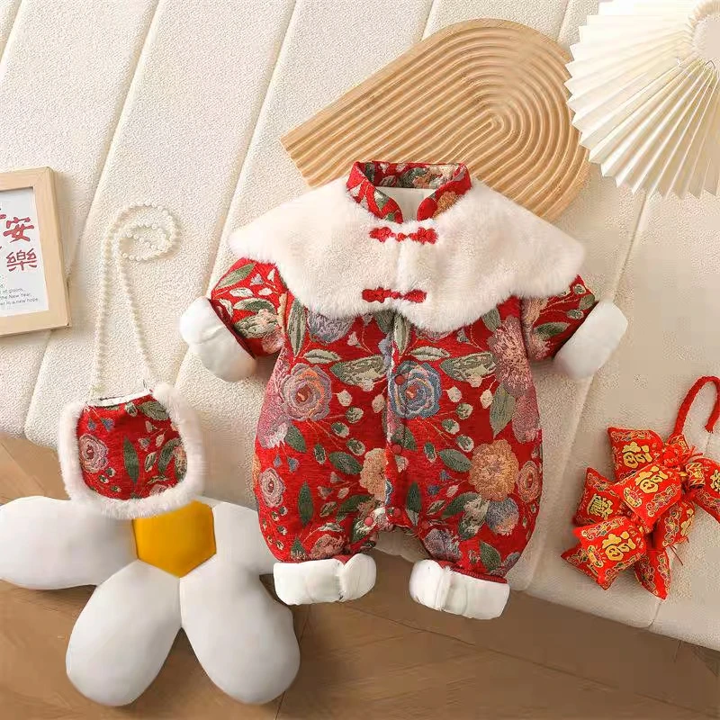 中式婴儿衣服过年拜年新年女宝宝冬装连体幼儿唐装冬季夹棉服外出