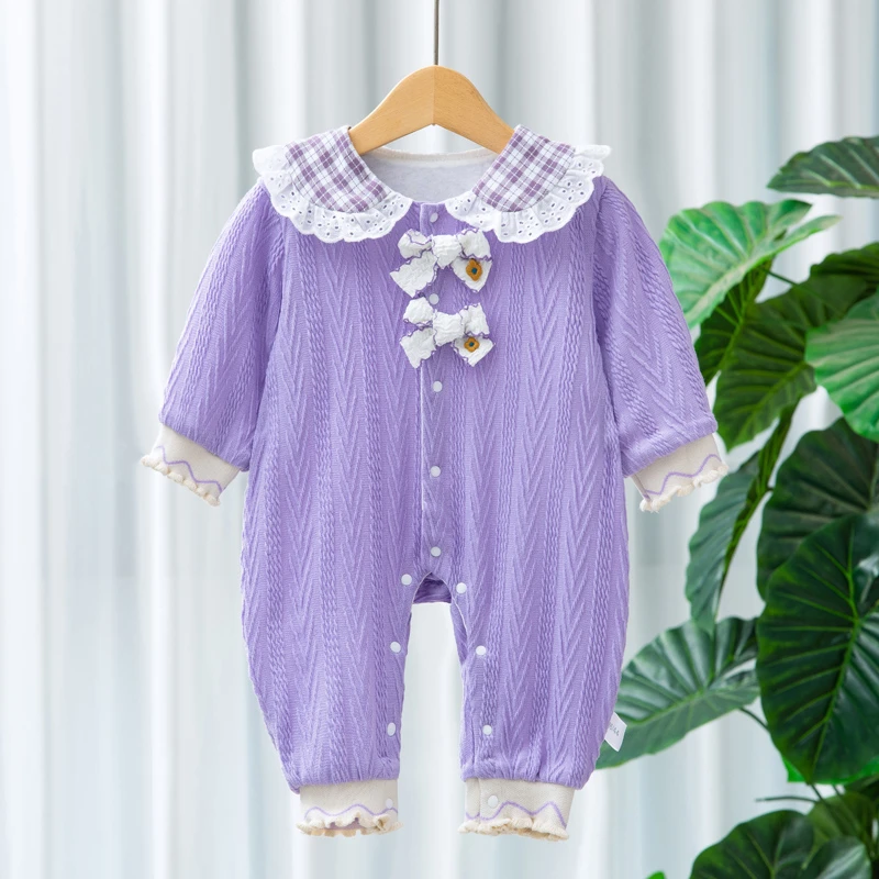 春秋款婴幼儿连体衣双层长袖新生儿衣服女宝宝百天满月外出爬爬服