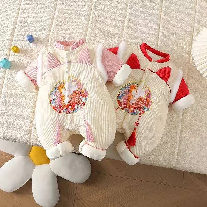 冬季婴幼新生儿加厚衣服小宝宝喜庆厚棉连体衣加绒爬爬服满月哈衣