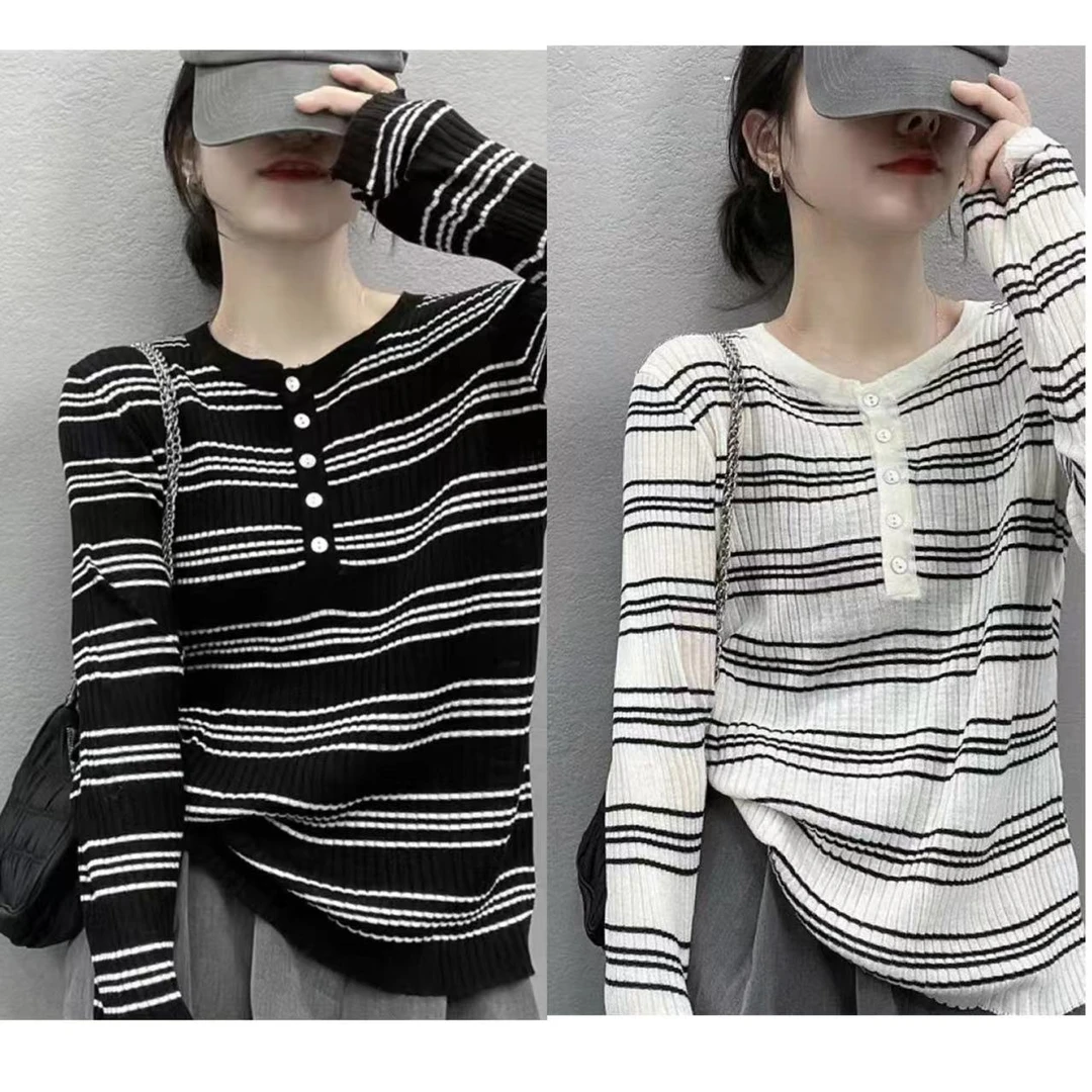 2024年黑白条纹针织衫显瘦慵懒风内搭上衣5558
