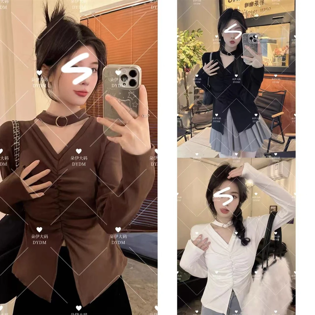 2024年秋季新款时尚大码复古挂脖胖MM显瘦遮肉长袖上衣055