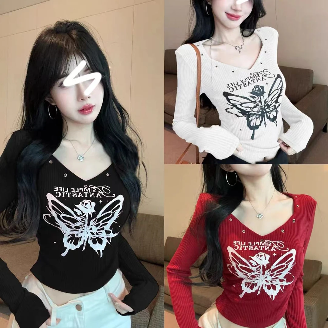 2024年美式蝴蝶印花洋气打底长袖上衣修身显瘦T恤1288
