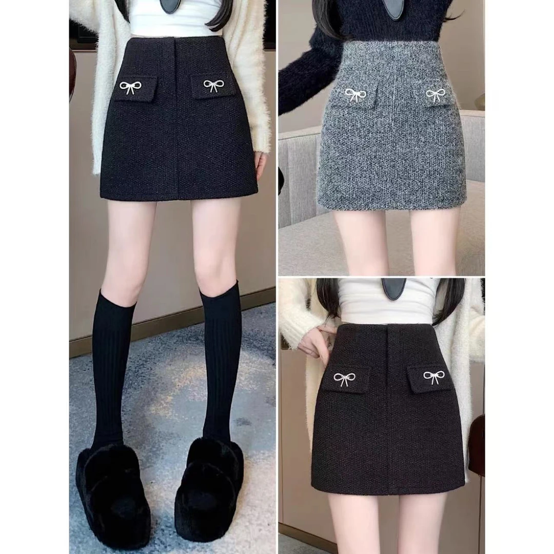 2024年新款高腰A字裙时尚小香风毛呢半身裙24103