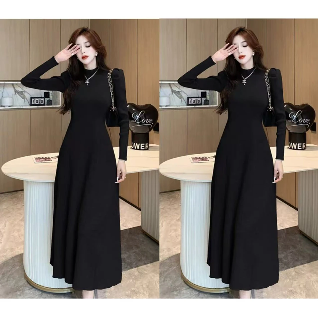2024年新款法式泡泡袖高领打底连衣裙冬季显瘦内搭长裙728