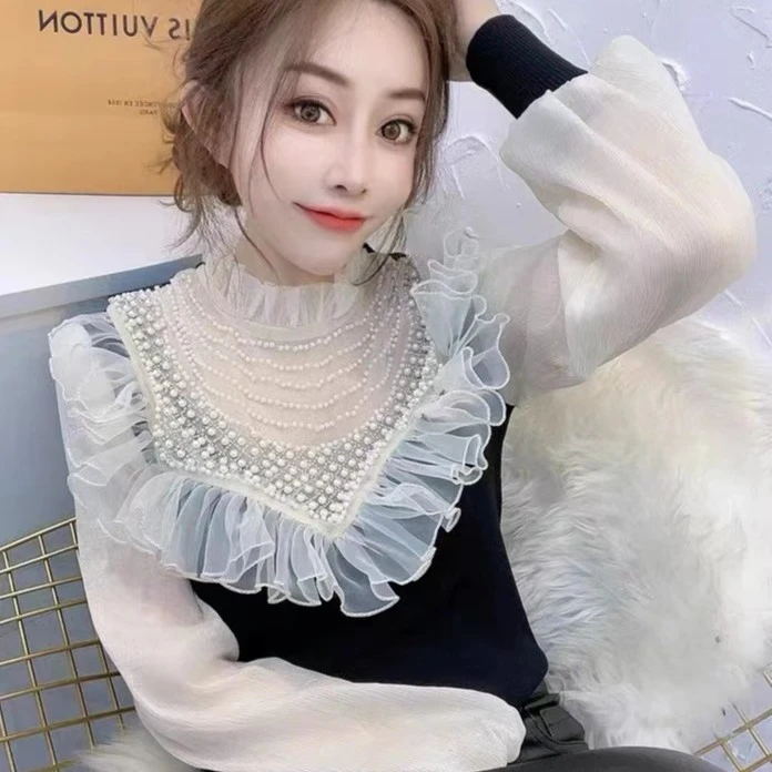 2024年新款显瘦法式钉珠拼接高级时尚打底衫2159