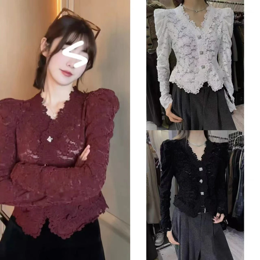 2024法式甜美镂空泡泡袖百搭显瘦蕾丝打底衫8361