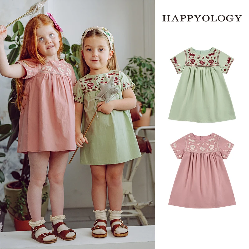 Happyology英国儿童春夏装新品圆领连身裙女童刺绣撞色短袖连衣裙