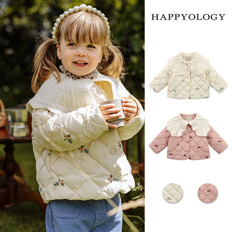Happyology英国洋气秋冬外套白鸭绒绣花女童童装刺绣毛织领羽绒服