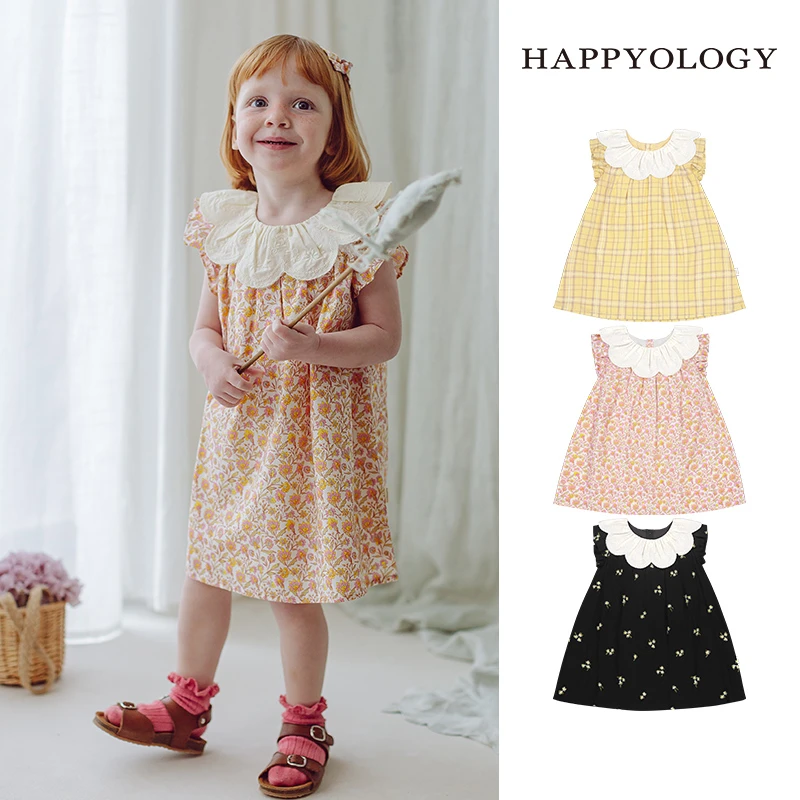 Happyology英国儿童春夏大翻领裙子绣花女童连身裙新品碎花连衣裙