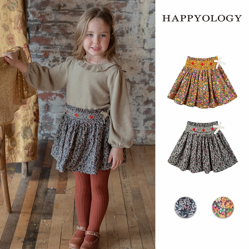Happyology英国女童夏季新款手工司马克勾花时尚弹力高腰纯棉半裙