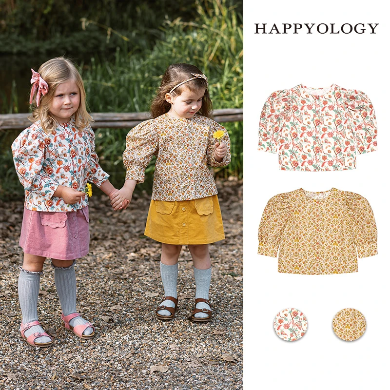 Happyology英国儿童春夏女童中袖衬衣马蹄袖英伦上衣印花圆领衬衫