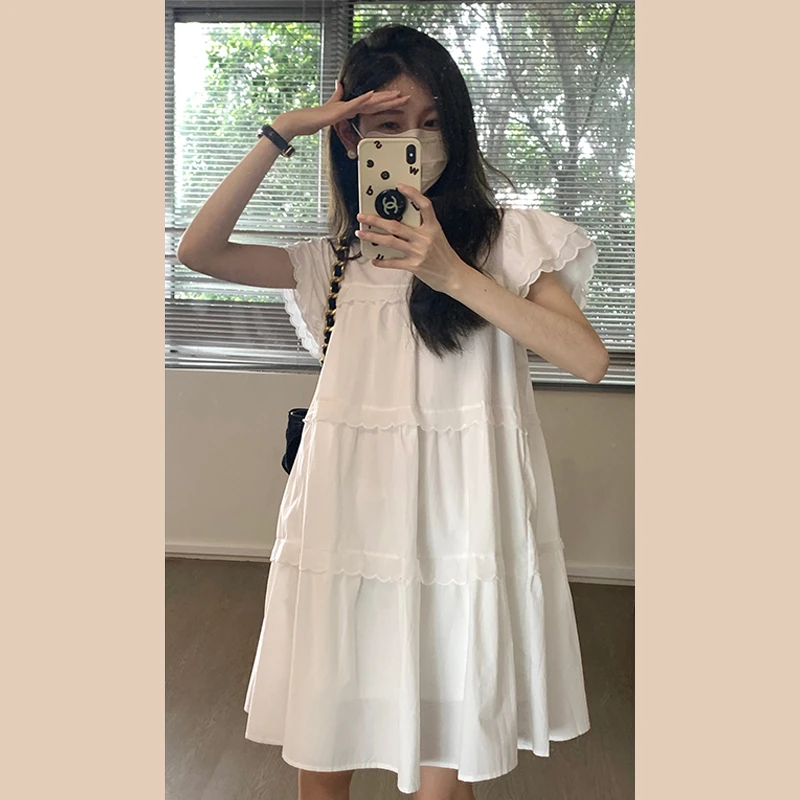 白色娃娃领小飞袖连衣裙子女夏季新款小个子宽松显瘦初恋甜美B930