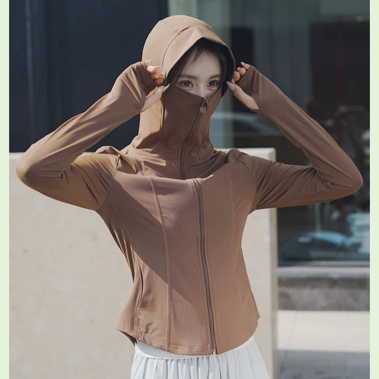 防晒衣运动瑜伽夏季连帽防紫外线户外黑胶帽檐小蛮腰百搭修身款
