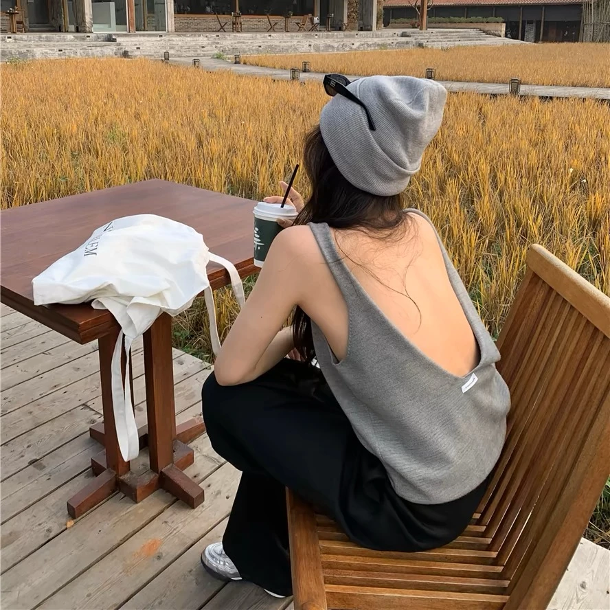 宽松无袖灰色毛织背心女2024夏季新款性感露背上衣百搭叠穿打底衫
