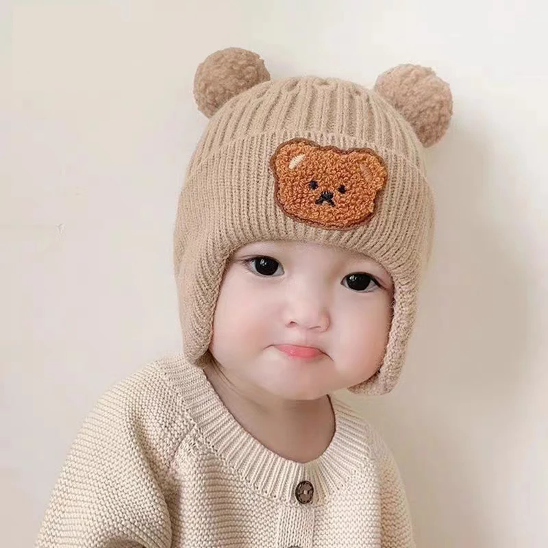 宝宝毛线帽子可爱小熊护耳帽儿童冬季加厚保暖针织帽韩版婴幼儿帽