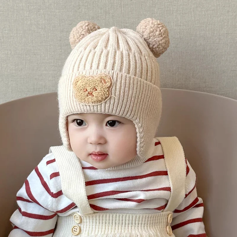 宝宝毛线帽子可爱小熊护耳帽儿童冬季加厚保暖针织帽韩版婴幼儿帽