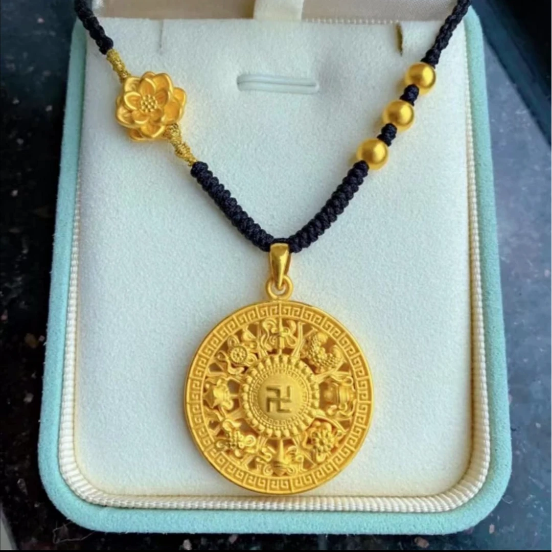 足金金珠莲花八宝罗盘吊坠时尚编织双面传承精美素款纯手工编绳