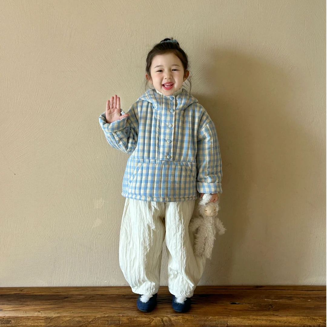 2024冬女童韩系小清新蓝色格子棉服加厚保暖连帽棉衣