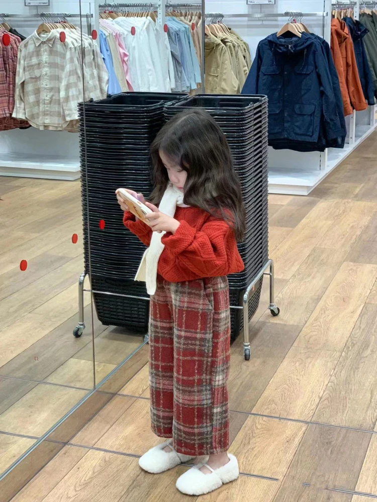 2024秋冬新年款女童绞花加厚毛衣+加绒格子休闲裤洋气韩系套装