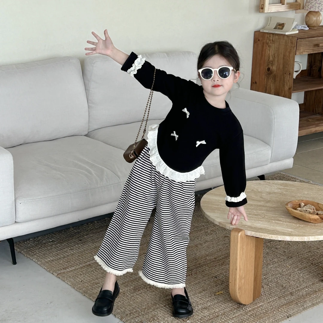 2024秋女童韩版黑色甜美蝴蝶结花边长袖T恤+休闲条纹阔腿裤