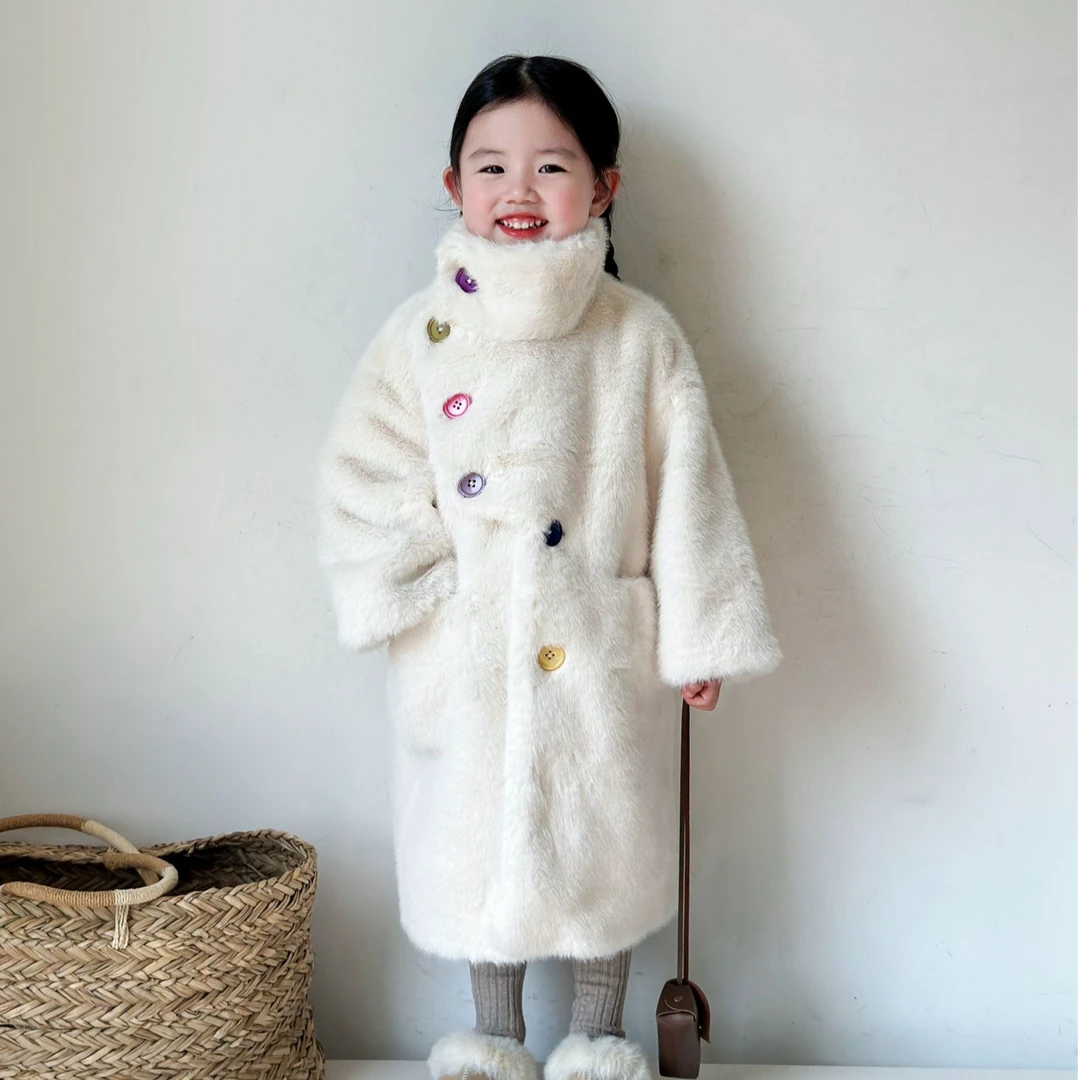 2024冬女童韩系五彩扣长款毛毛外套皮毛一体加厚保暖大衣