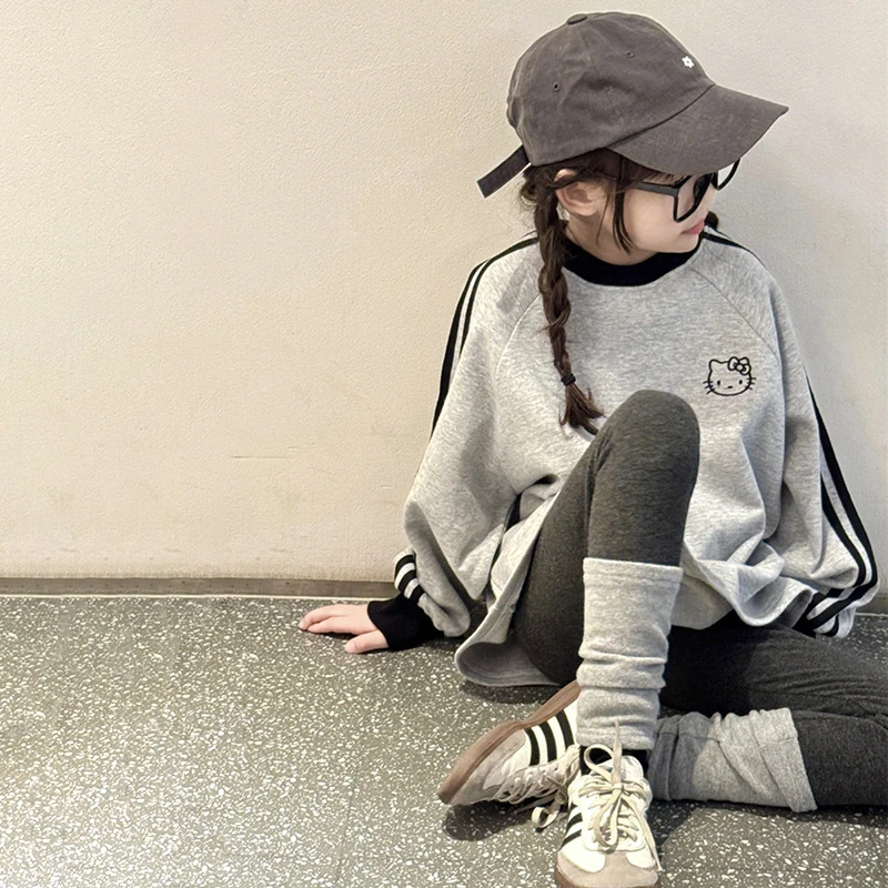 （加绒卫衣）2025秋冬女童韩版慵懒风三条杠KT猫加绒卫衣
