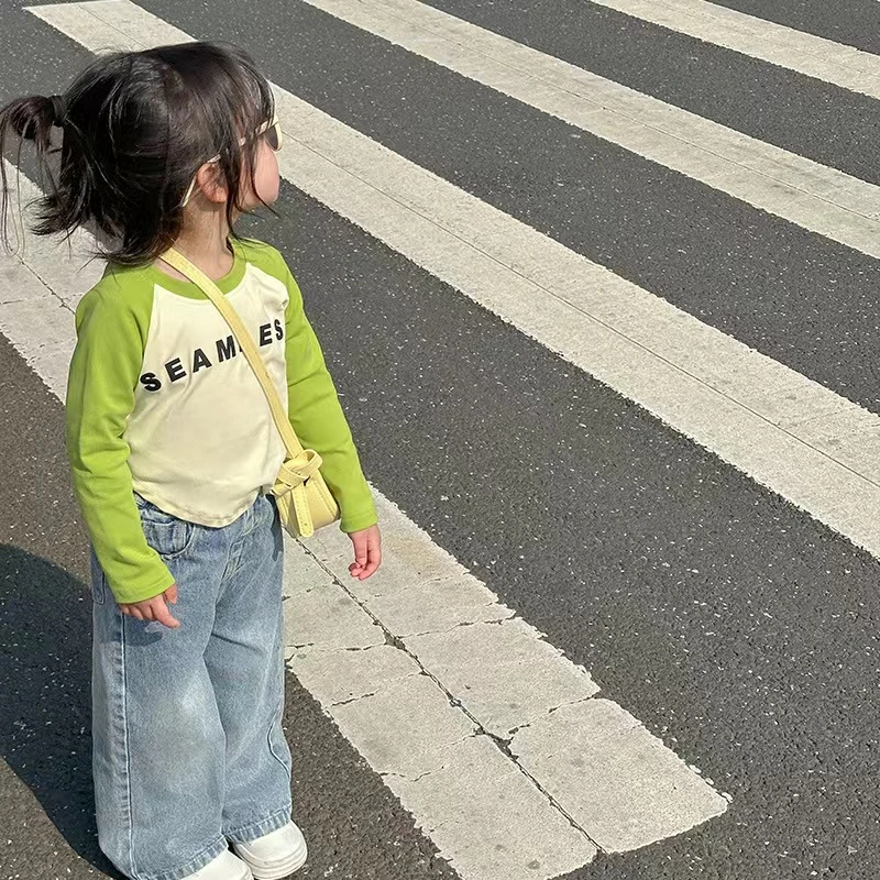 （~NO退NO换）女童棉插肩袖撞色T恤百搭短款小辣妹上衣