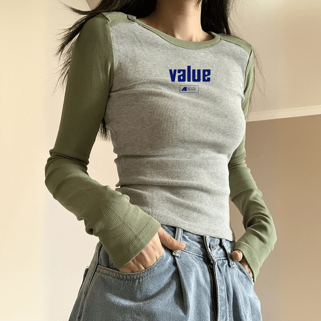 螺纹插肩美式复古拼接长袖t恤女打底衫2025新款秋冬季短款上衣ins