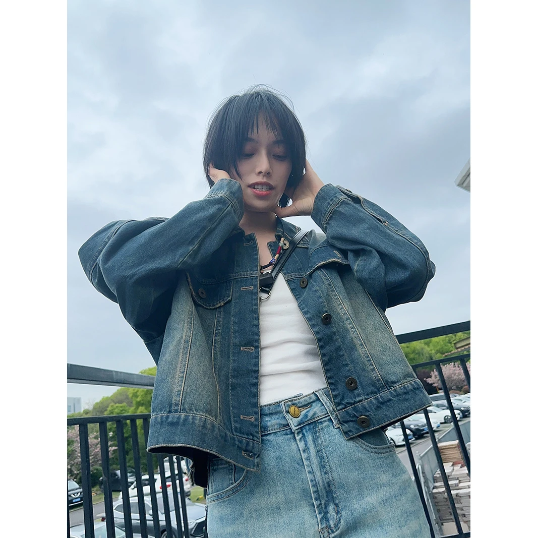 【佳文家】1493显瘦时尚短款宽松复古休闲ins设计感百搭牛仔外套