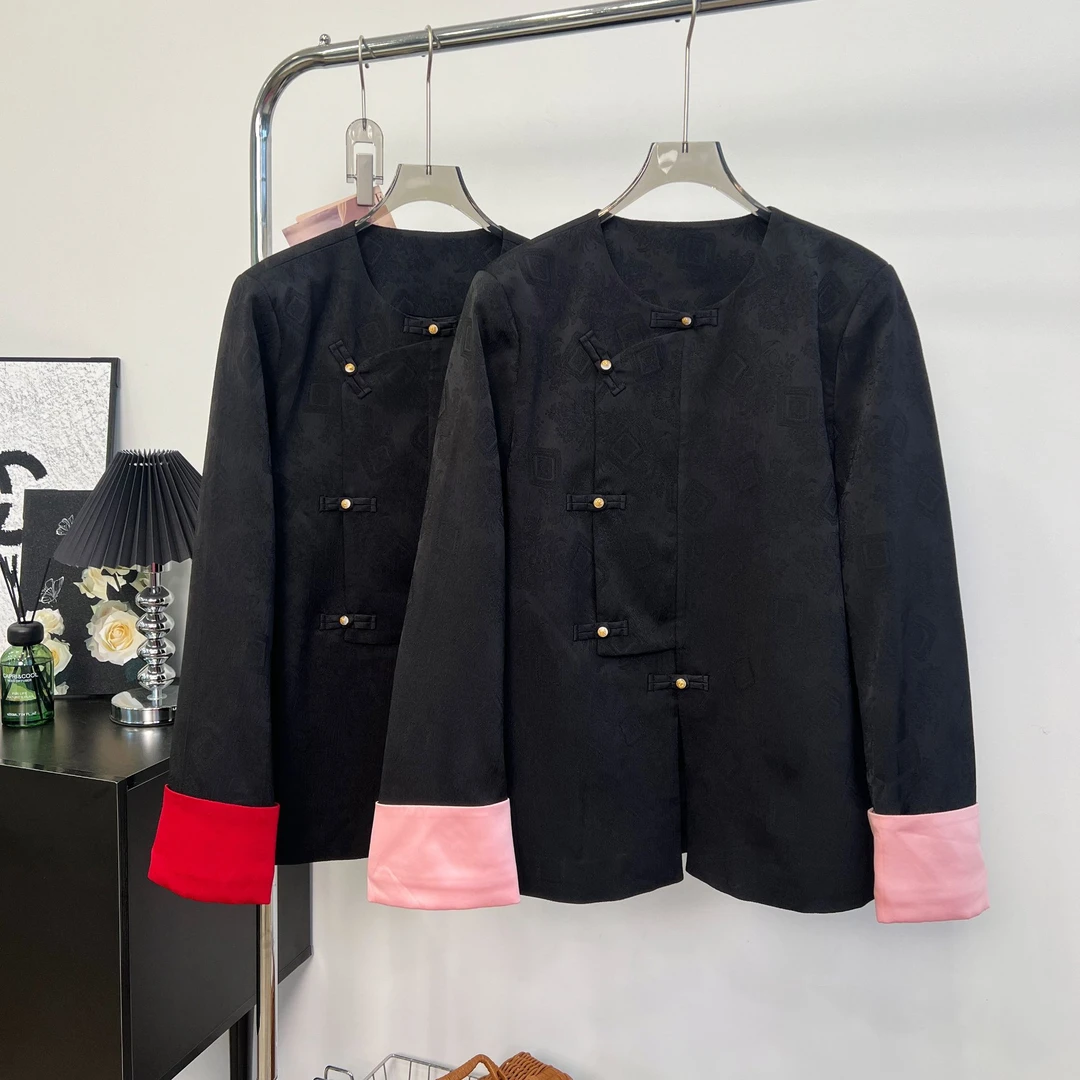 【佳文家】1754新中式盘扣撞色提花外套女春秋新款大码开衫上衣外套