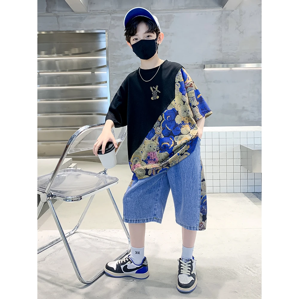 巴拉扣扣2025新款男童夏装套装儿童运动中大童短袖牛仔裤薄款宽松