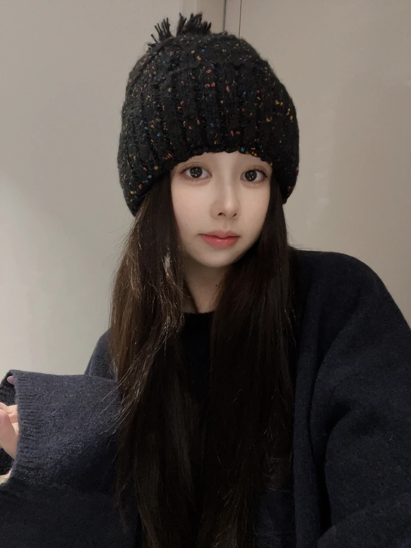 汤圆-韩单新款女毛线帽子可爱毛球保暖混色纱线针织帽显脸小帽子
