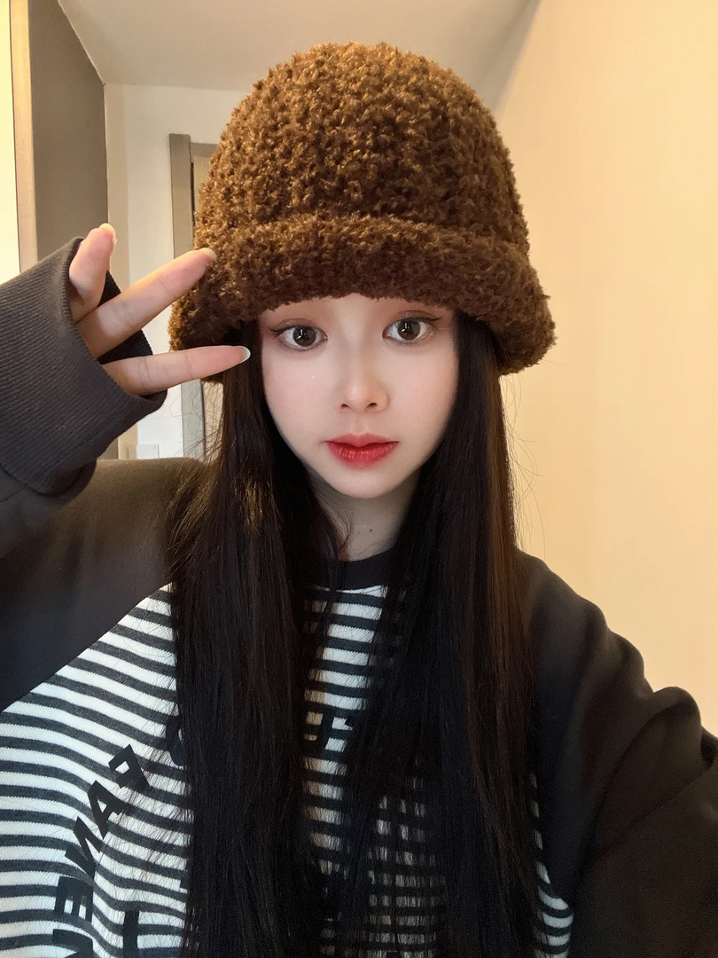 汤圆家-尖头适合毛绒帽子女秋冬加厚毛绒帽百搭显脸小护耳针织帽