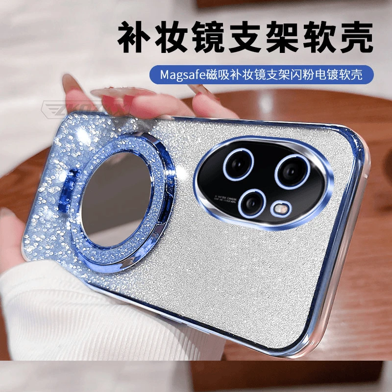 适用荣耀100Pro手机壳全包防摔新款补妆镜子磁吸支架闪粉电镀软壳