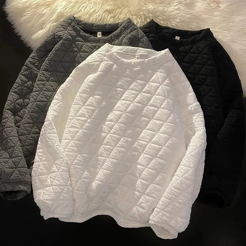 高档菱形格加厚压棉卫衣秋冬韩版新款时尚个性显瘦无帽圆领上衣女