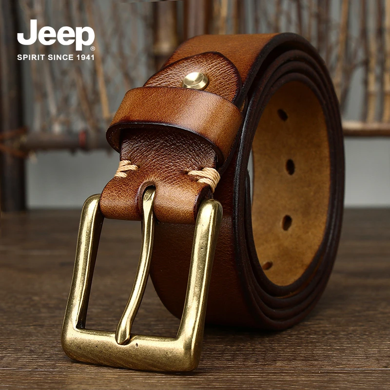 JEEP SPIRIT吉普皮带男士复古百搭头层牛皮手工真皮针扣休闲腰带