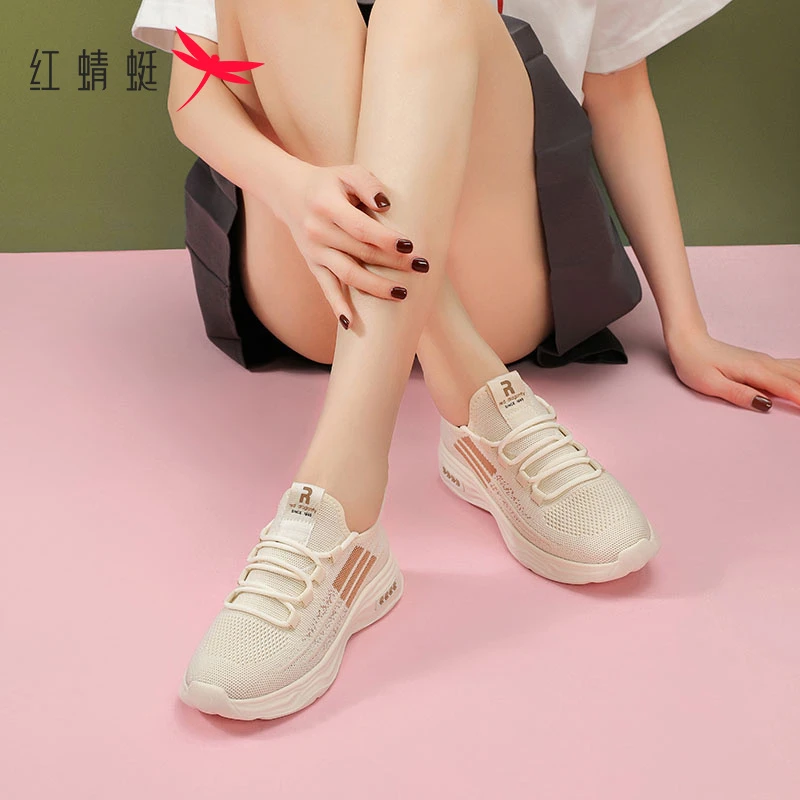 红蜻蜓中老年妈妈鞋女夏季2024飞织网面鞋厚底休闲女鞋通勤小白鞋