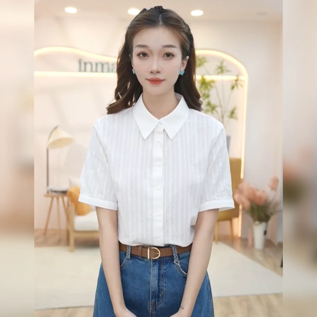 茵曼全棉舒适通勤短袖衬衣夏季法式气质时尚休闲衬衫上衣尤莱特