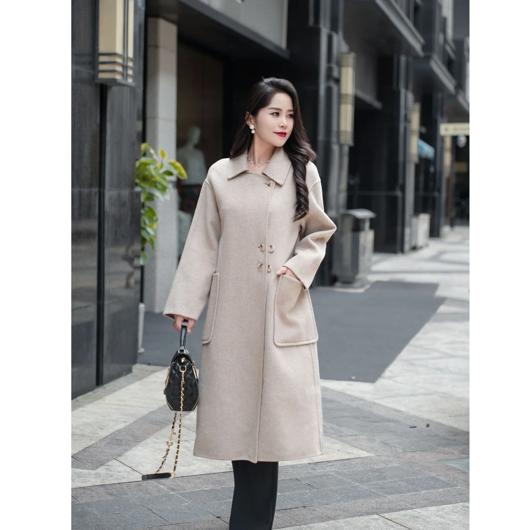大衣双面呢大衣外套显瘦气质小个子毛呢中长款时尚翻领秋冬冬季