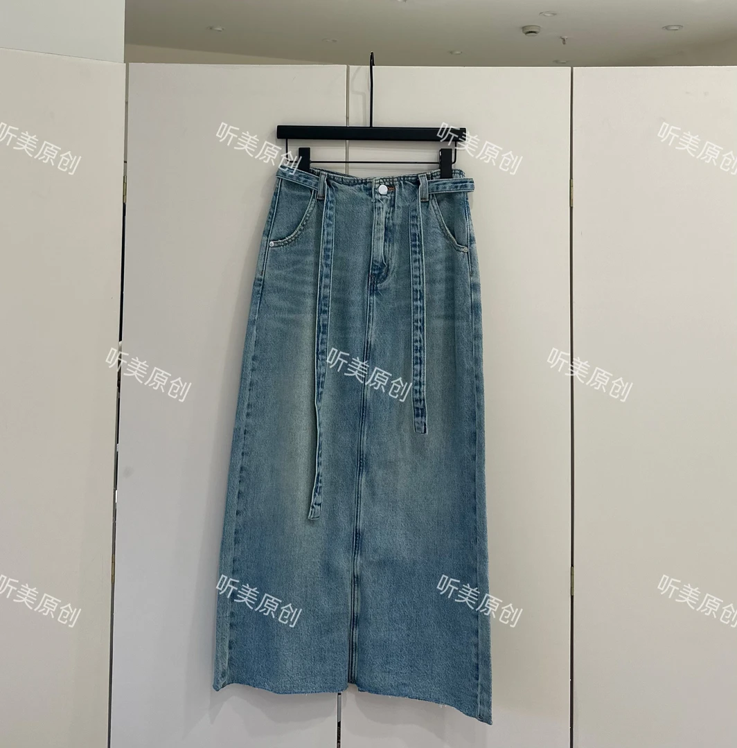 【媚儿推荐】牛仔蓝色腰带女高级感显瘦半身长裙