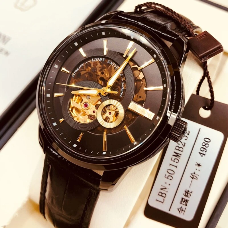 【罗宾尼官方旗舰】时光轮轻奢黑金时尚夜光男士手表镂空潮流  5015