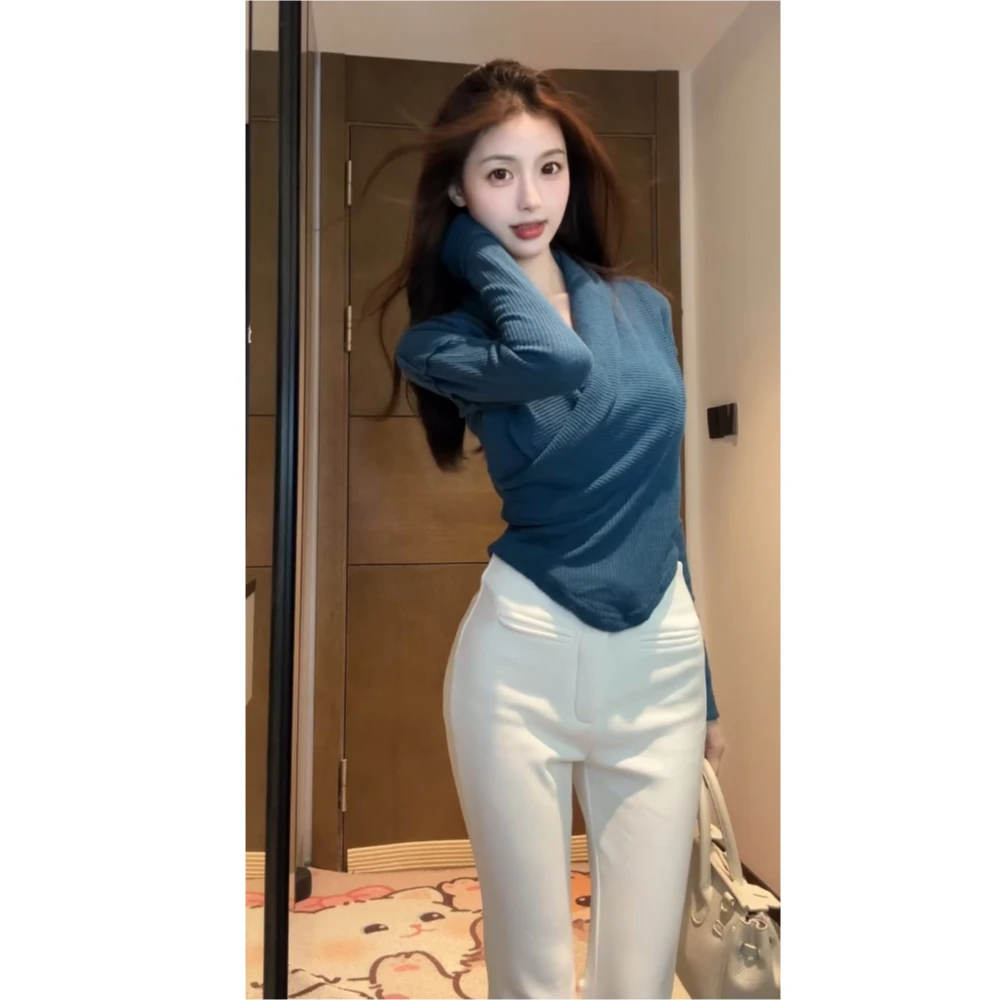 【XIAOBAWANG】美式辣妹风V领交叉褶皱修身显瘦性感高级感捏褶上衣T